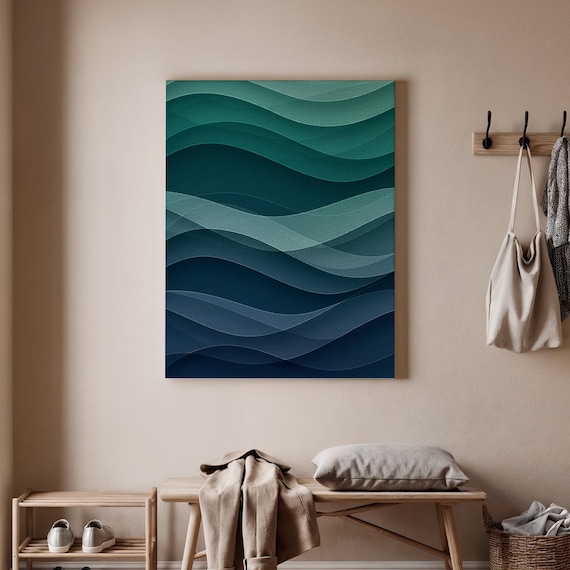 Abstract Ocean Wave Geometric Layered Teal Blue Wavy Lines Wall Art