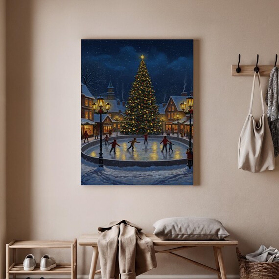 Christmas Ice Skating Rink Town Square Holiday Night Scene Wall Art