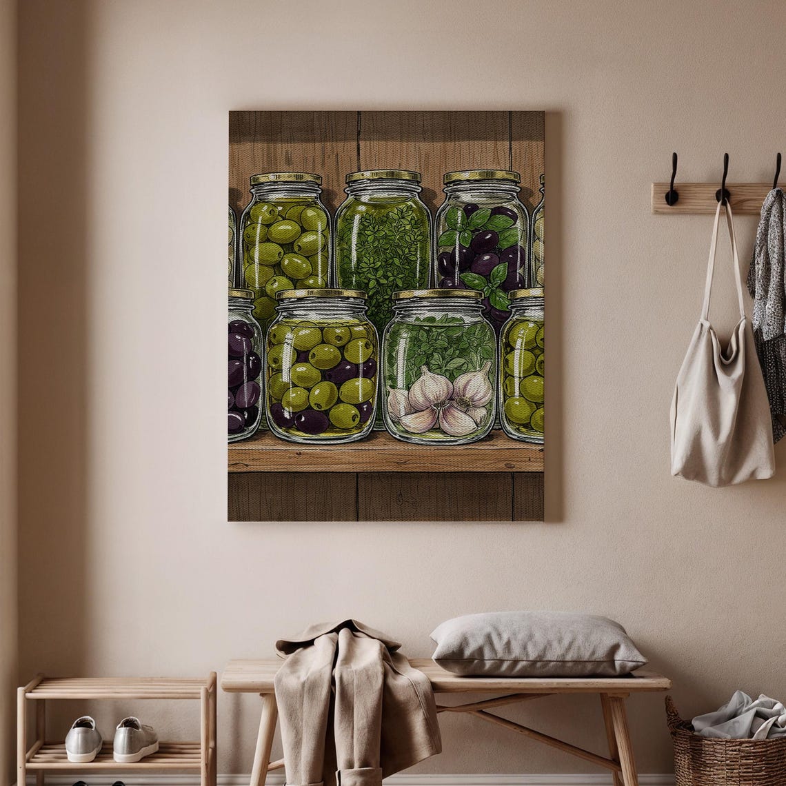 Pantry Shelf Preserved Jars Olives Pickles Rustic Kitchen Food Poster