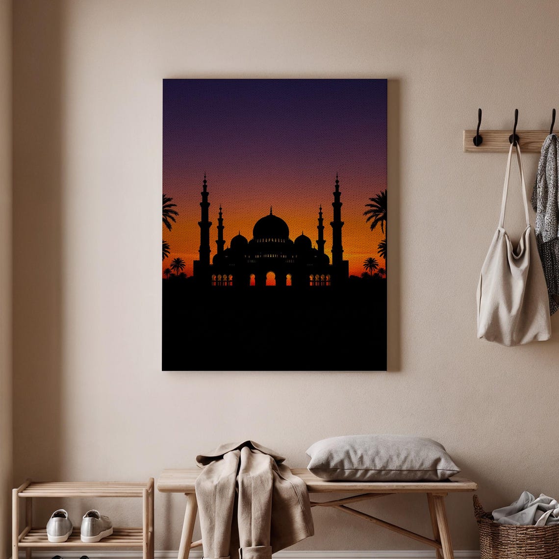 Mosque Silhouette Sunset Islamic Art Orange Sky Minaret Dome Poster