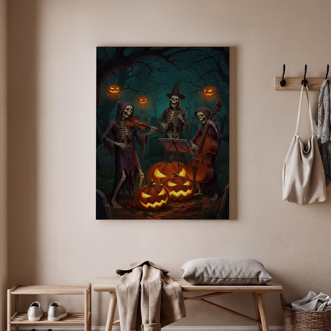 Halloween Skeleton Band Canvas Art Spooky Skeletons With Pumpkins Haunted Forest Music Scene Night Wall Decor Print