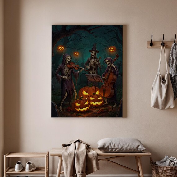 Halloween Skeleton Band Canvas Art Spooky Skeletons With Pumpkins Haunted Forest Music Scene Night Wall Decor Print