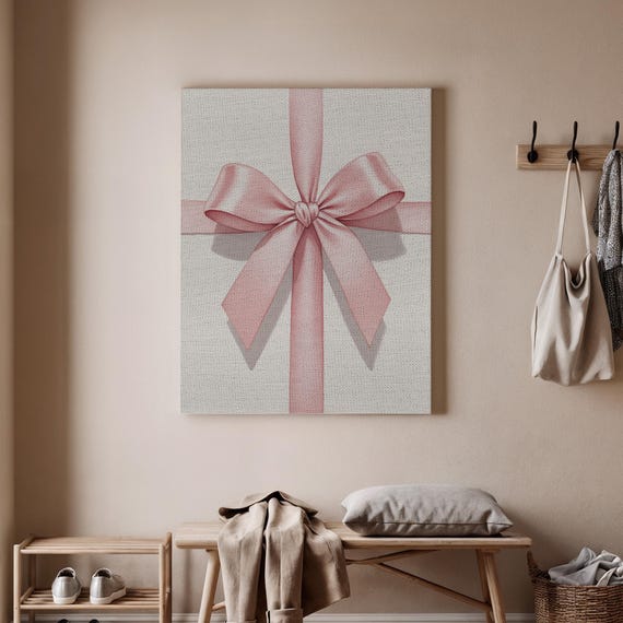 Pink Ribbon Gift Canvas Wall Art Minimalist Present Bow Print Elegant Soft Decor For Bedroom Nursery Or Living Room