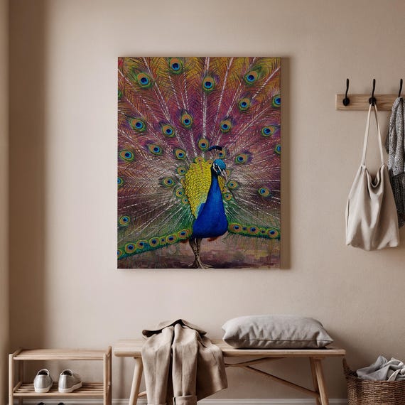 Vibrant Peacock Canvas Art Colorful Feathered Bird Illustration Bold Wall Decor For Living Room Or Bedroom And Home