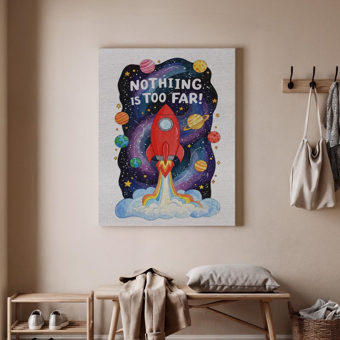 Rocket Ship Canvas Wall Art Outer Space Planets Nursery Decor Nothing Is Too Far Kids Room Print Motivational Artwork