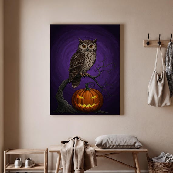 Halloween Owl Canvas Wall Art Spooky Pumpkin And Design Haunted Night Print Gothic Animal For Seasonal Home Decor