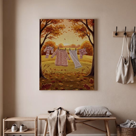 Autumn Clothesline Art Print Cozy Fall Decor Rustic Poster Warm Seasonal Wall Country Style Canvas For Home