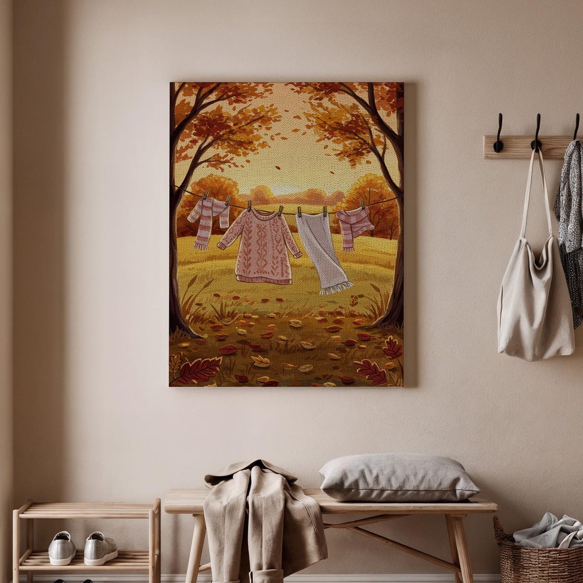 Autumn Clothesline Art Print Cozy Fall Decor Rustic Poster Warm Seasonal Wall Country Style Canvas For Home