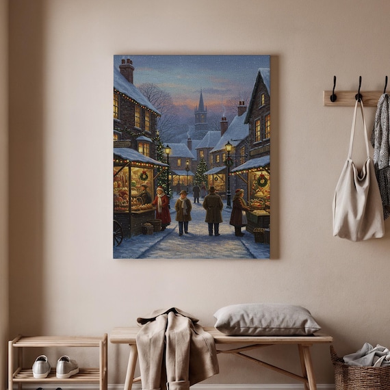 Vintage Christmas Market Village Street Dusk Holiday Art Poster