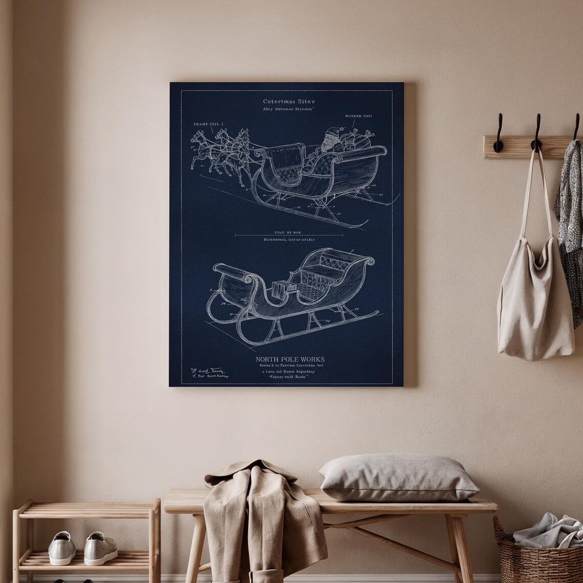 Santa Claus Sleigh Blueprint Navy Patent Style Christmas Holiday Poster