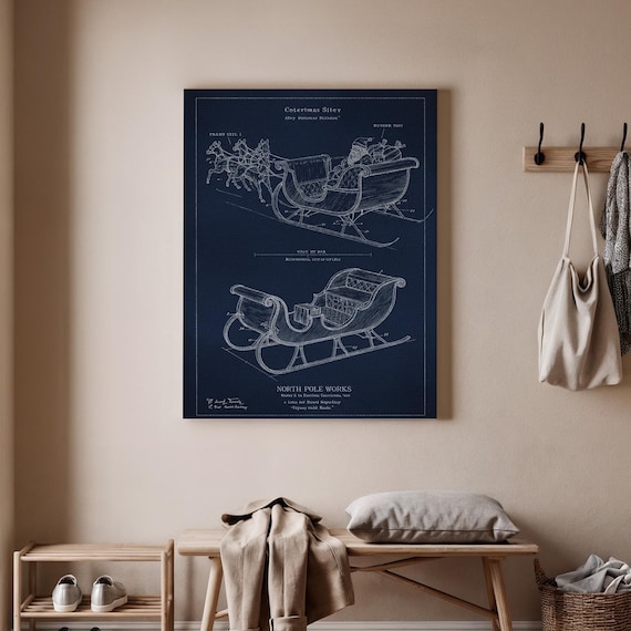 Santa Claus Sleigh Blueprint Navy Patent Style Christmas Holiday Poster
