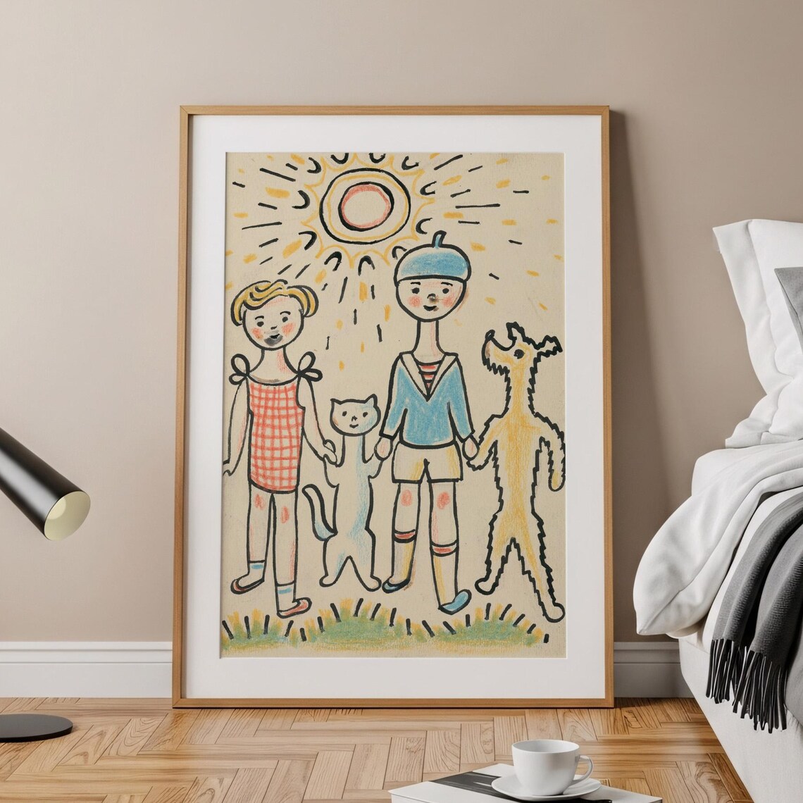 Whimsical Children Cat Dog Sun Childlike Drawing Nursery Wall Art