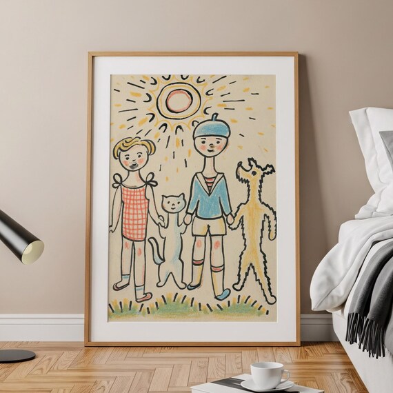 Whimsical Family Art Vintage Pet Print Cozy Home Decor Warm Wall Illustration With Pets Unique