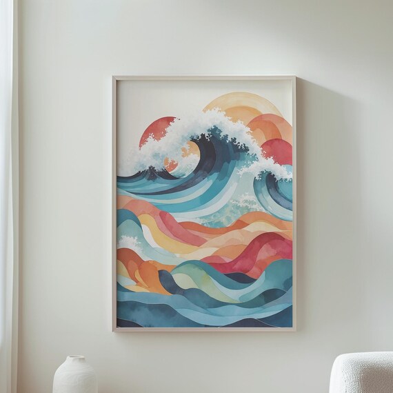 Colorful Abstract Ocean Wave Sunset Watercolor Japanese Style Poster