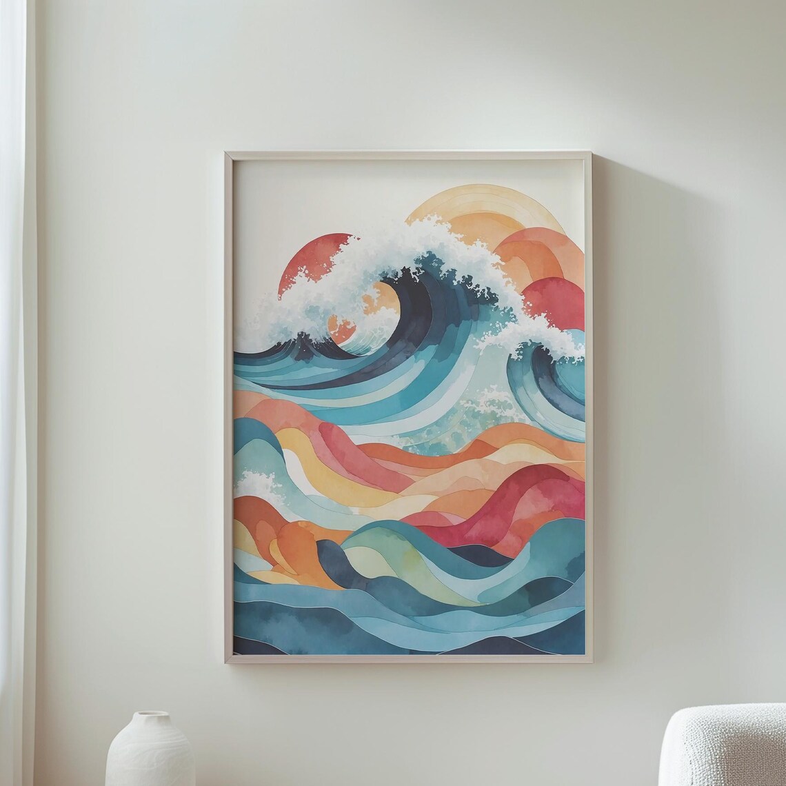 Colorful Abstract Ocean Wave Sunset Watercolor Japanese Style Poster