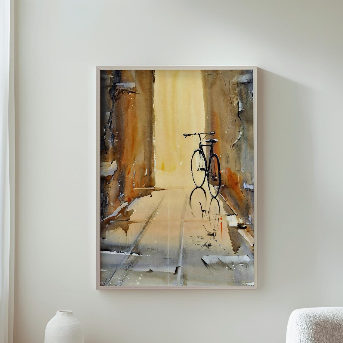 Bicycle Against Old Town Wall Watercolor Rainy Alley Cyclist Art Poster