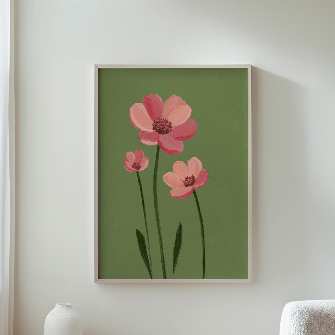 Pink Cosmos Flowers Olive Green Minimal Floral Painting Poster