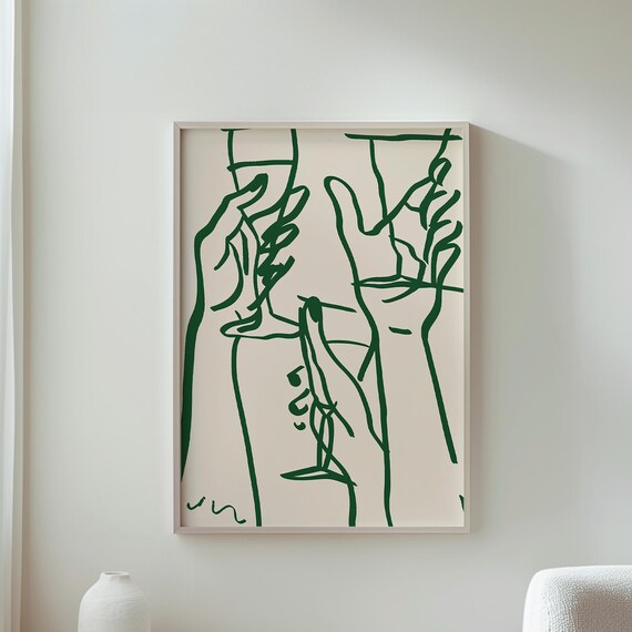 Minimal Line Art Hands Holding Glasses Modern Wall Abstract Decor Home Office