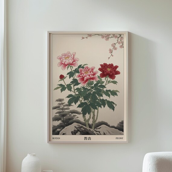 Botan Peony Japanese Vintage Botanical Pink Red Floral Poster
