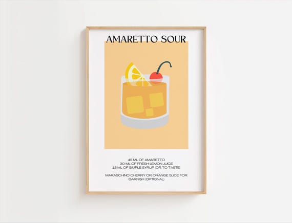 Amaretto Sour Recipe Print Retro Cocktail Illustration