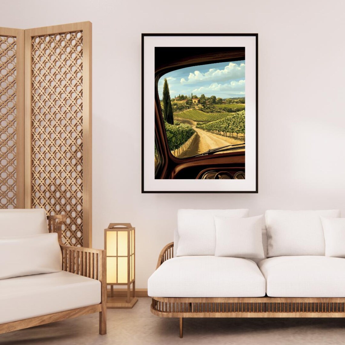 Vintage Car Window View Of Tuscan Vineyard Road Illustrated Poster - Image 3