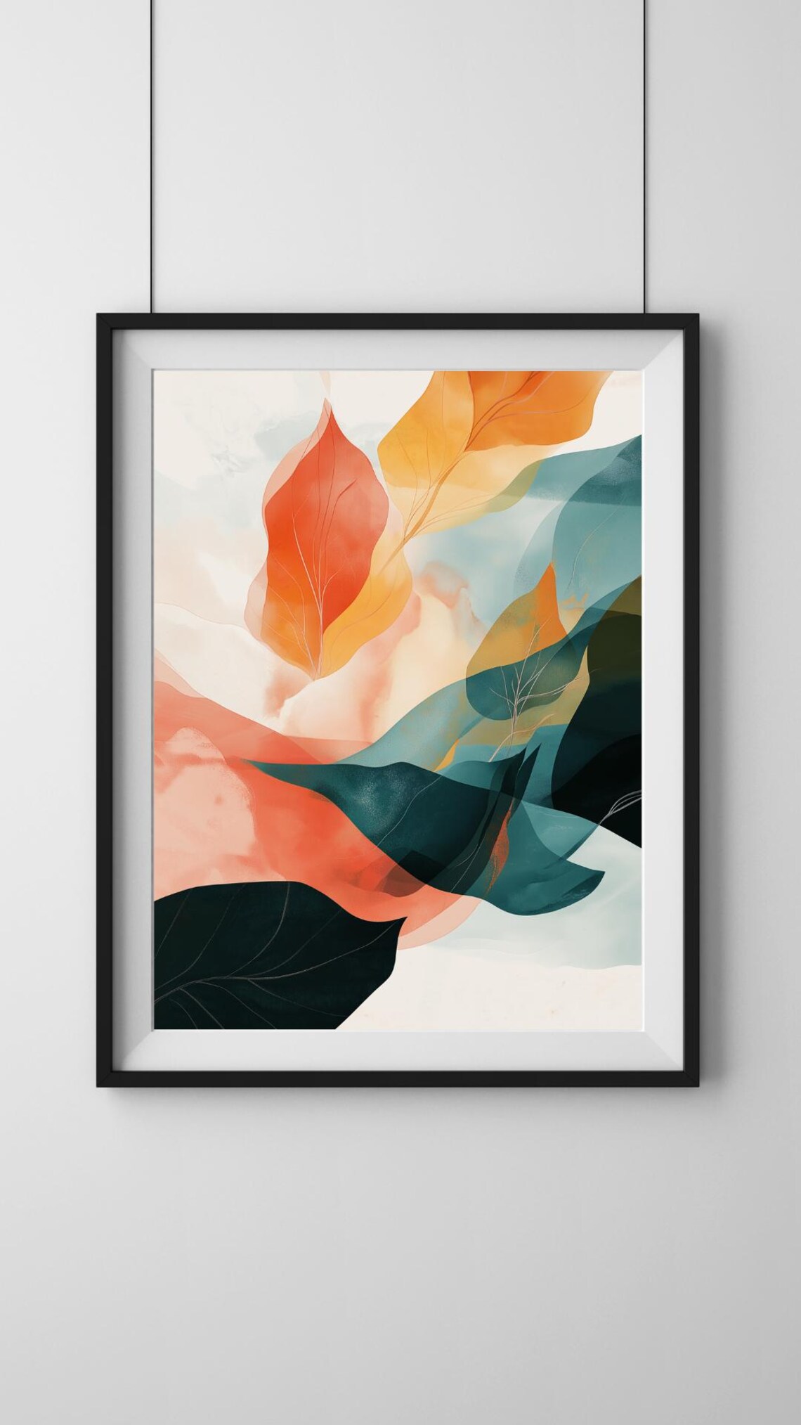 Flowing Coral Teal And Amber Leaves Abstract Watercolor Poster