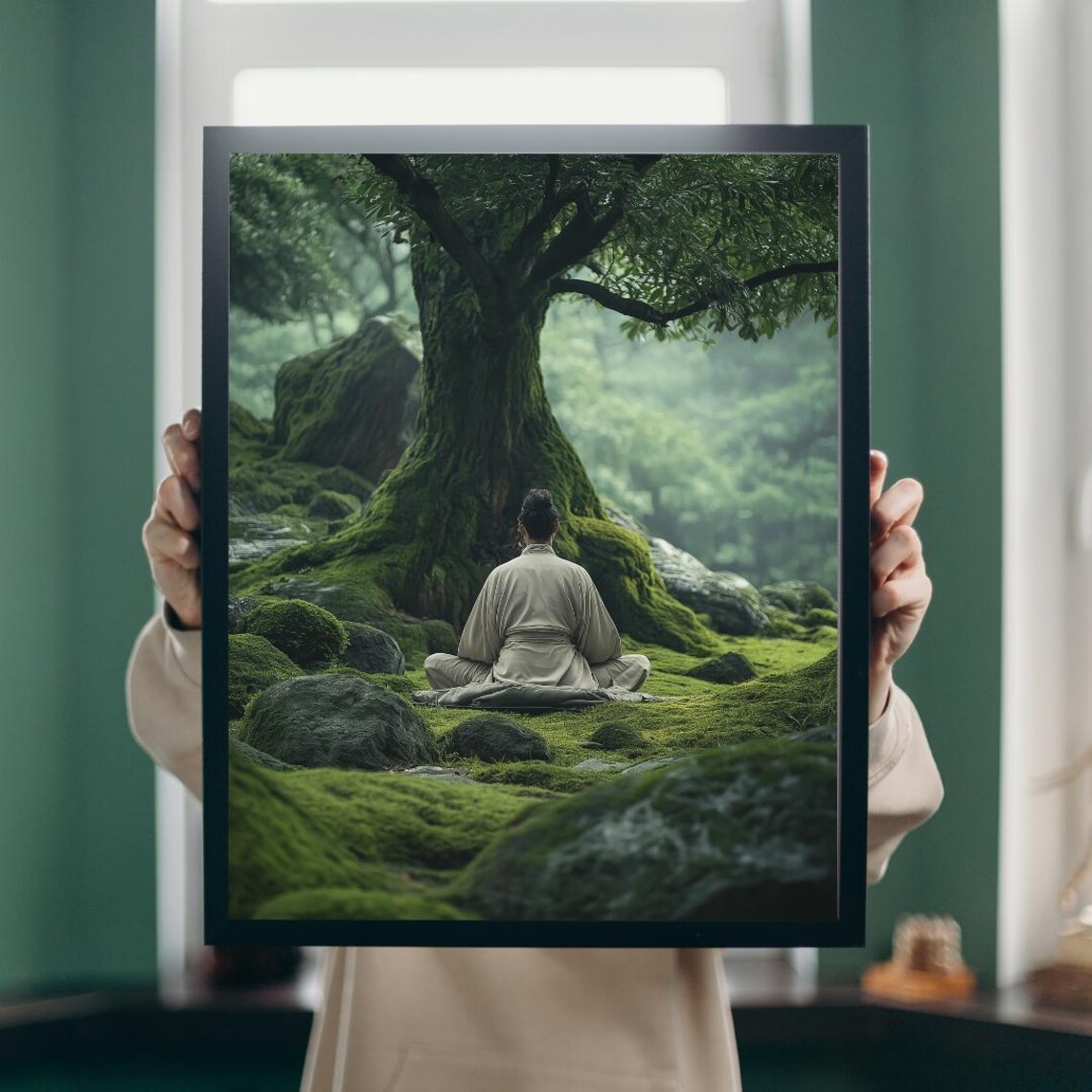 Person Meditating Under Ancient Mossy Tree Forest Zen Calm Poster - Image 5