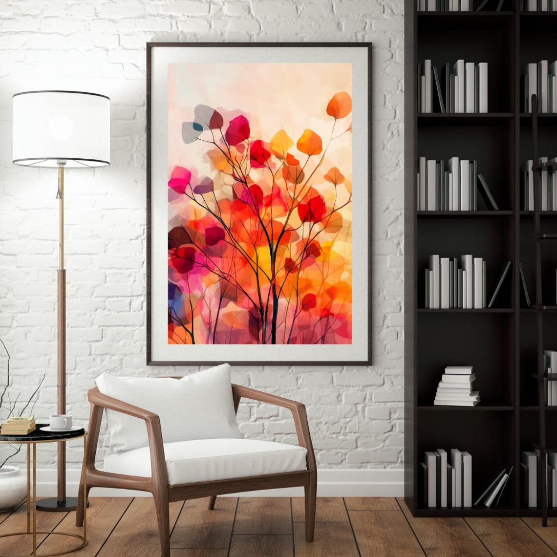 Abstract Watercolor Tree With Red Orange Autumn Foliage Poster - Image 4
