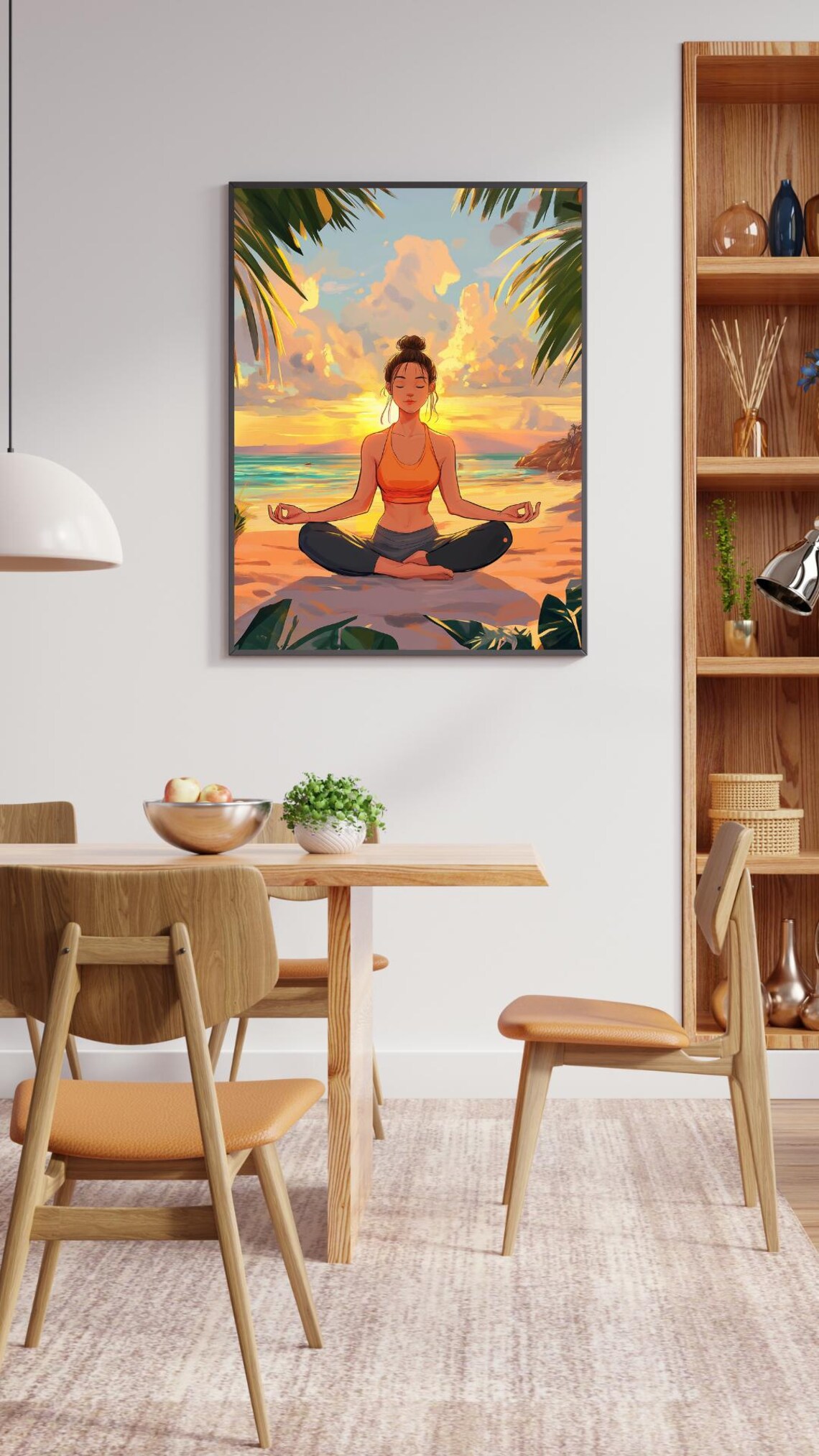Woman Meditating On Beach At Sunrise Anime Style Yoga Art Poster - Image 2