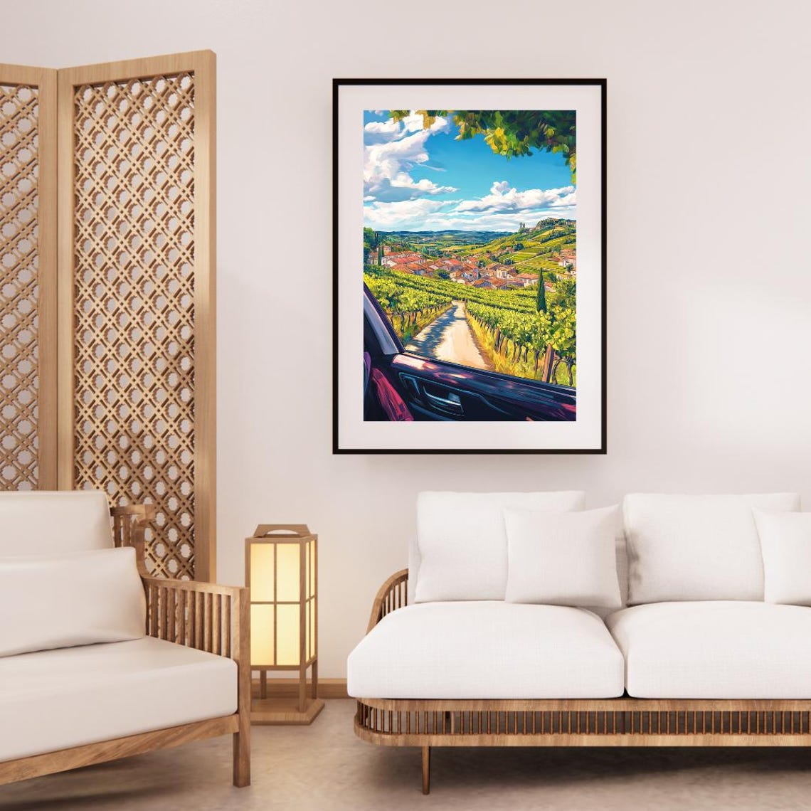 Car Window View Of Vineyard Path Toward Village Under Clouds Poster - Image 3