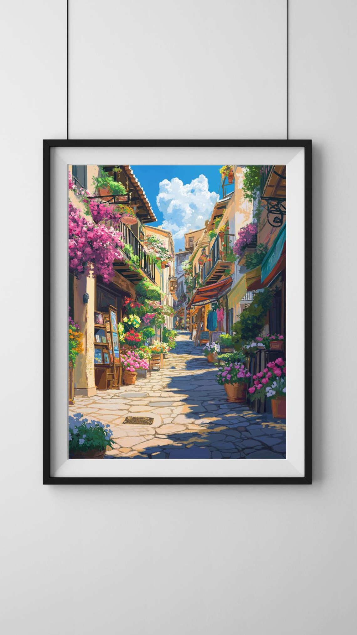 Sunlit Spanish Old Town Street With Flowers And Cobbled Lane Poster