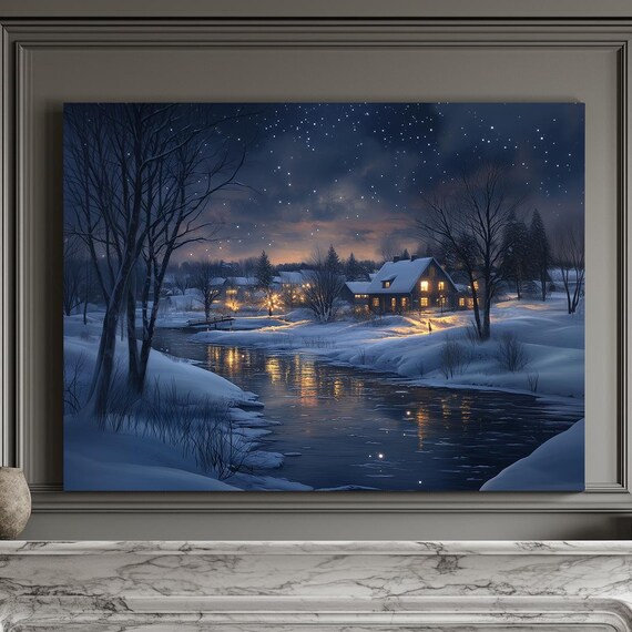 Winter Village At Night With Glowing Windows Reflecting On River Wall Art