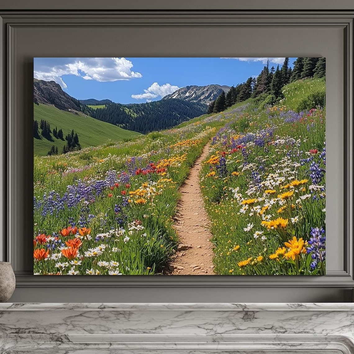 Bright Summer Alpine Wildflower Path Rocky Peak Valley View Print