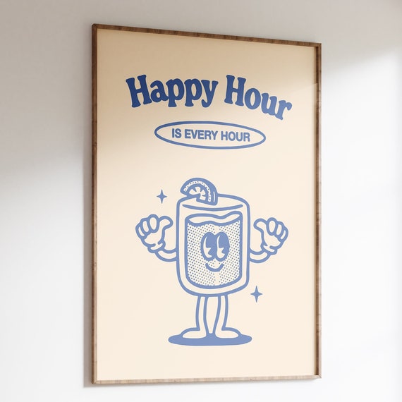 Retro Happy Hour Cocktail Poster, Groovy 70s Decor