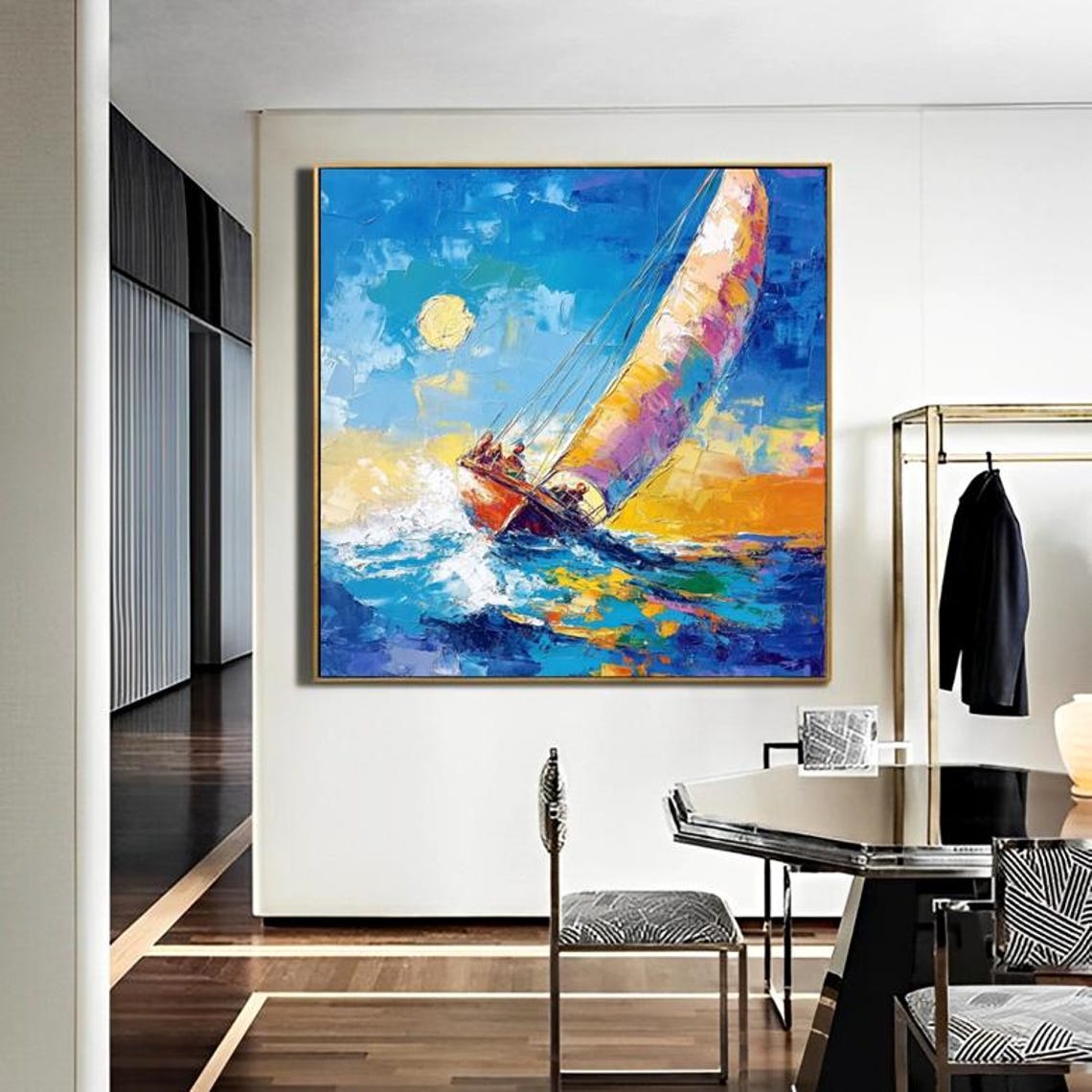 Sailboat At Sunset On Colorful Impasto Ocean Waves Nautical Art Poster - Image 2