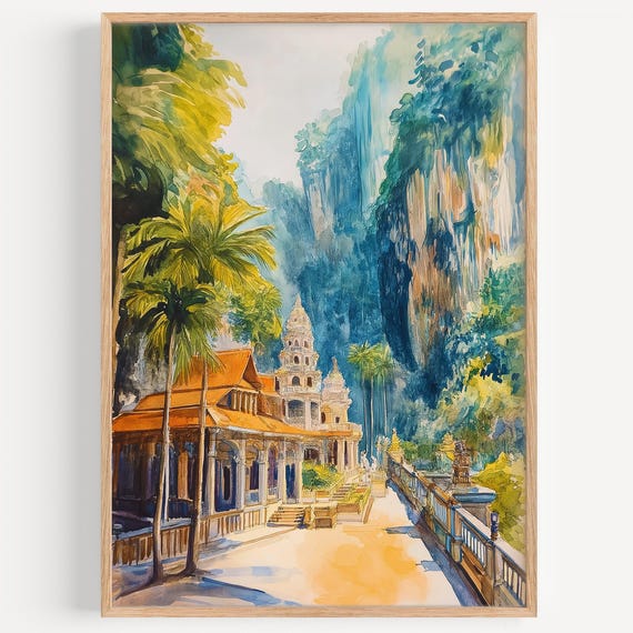 Batu Caves Watercolor Painting Wall Art Print Travel Poster Asia Decor Illustration Home