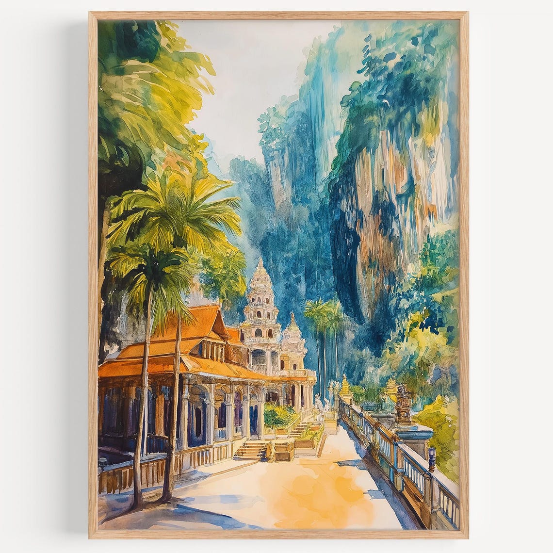 Batu Caves Malaysia Watercolor Hindu Temple Limestone Cliffs Poster