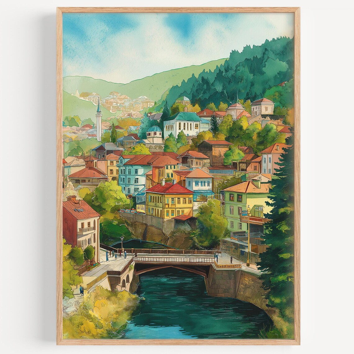 Sarajevo Bosnia Old Town River Bridge Hillside Houses Watercolor Poster