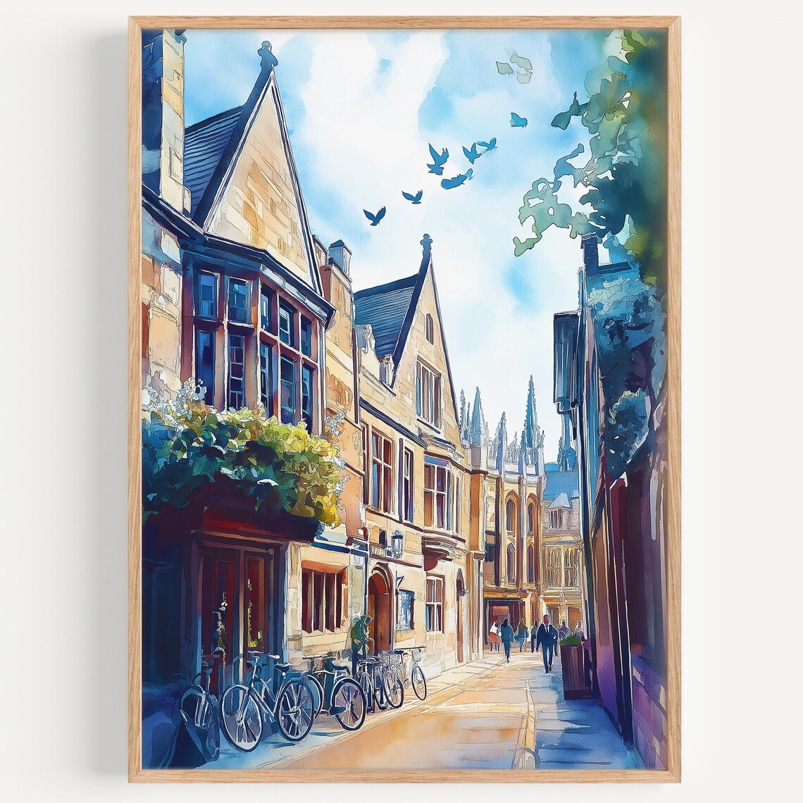 Oxford Street Bicycles Stone College Buildings Birds Watercolor Poster