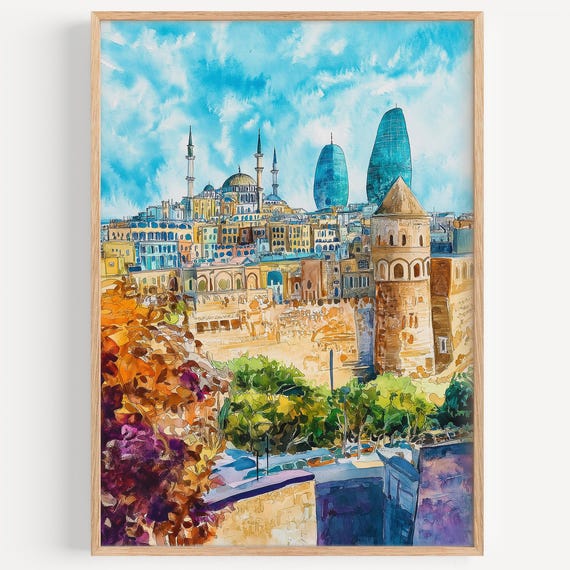 Baku Watercolor Painting Wall Art Print Poster Azerbaijan Travel Decor Illustration Home