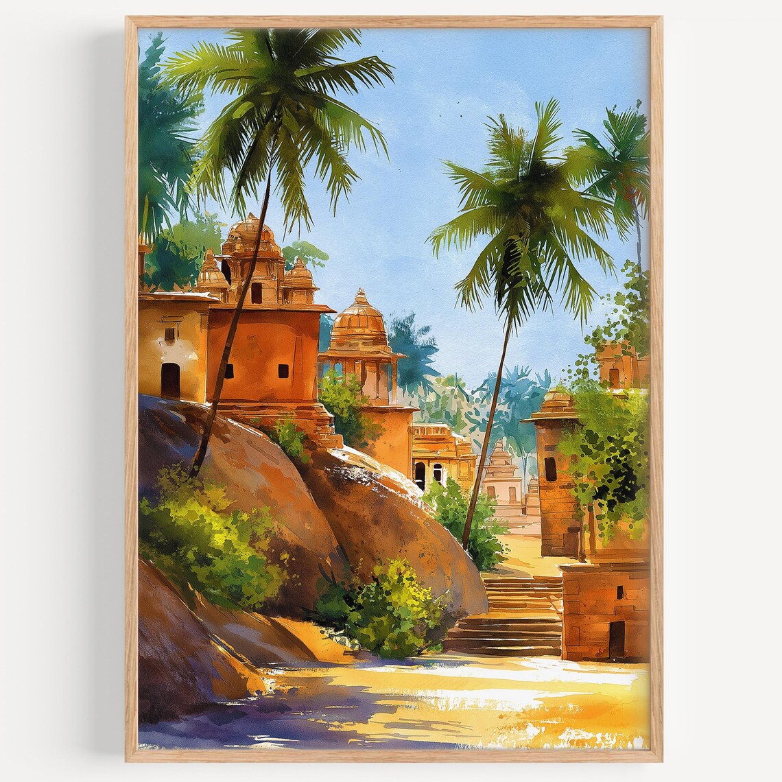 Indian Temple Watercolor Ancient Domes Palm Trees Travel Poster