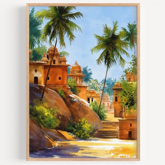 Hampi Watercolor Painting Wall Art Print India Travel Poster Decor Illustration Home