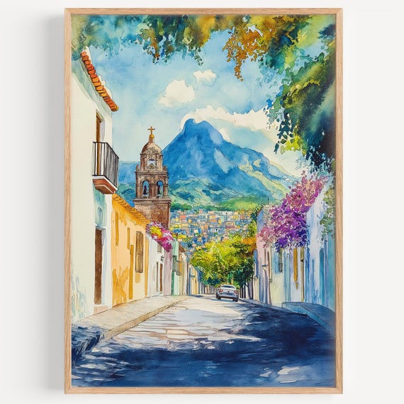 Monterrey Watercolor Painting Wall Art Print Mexico Poster Travel Decor Illustration Home
