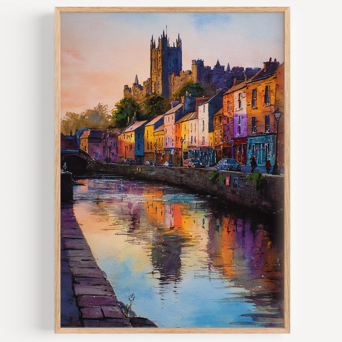 Kilkenny Ireland River Quay Castle Sunset Watercolor Travel Poster