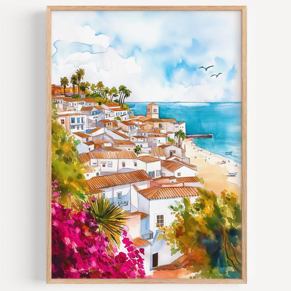 Albufeira Watercolor Paintingwall Art Print Travel Poster Portugal Decor Illustration Home