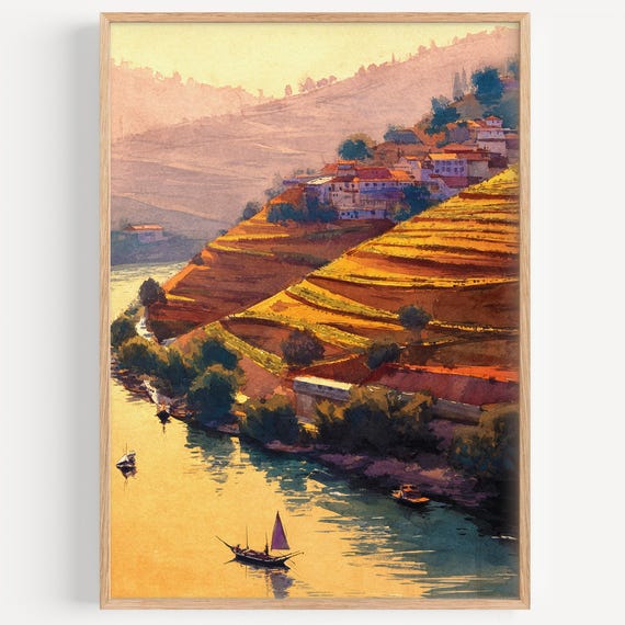Douro Valley Watercolor Painting Wall Art Print Travel Poster Portugal Decor Illustration Home