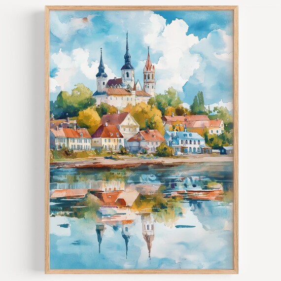 Tartu Estonia River Reflection Three Church Spires Watercolor Poster