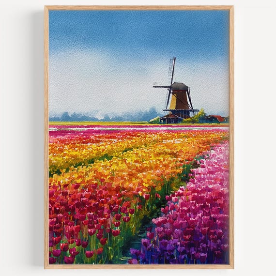 Netherlands Watercolor Painting Wall Art Print Dutch Travel Poster Decor Illustration Home