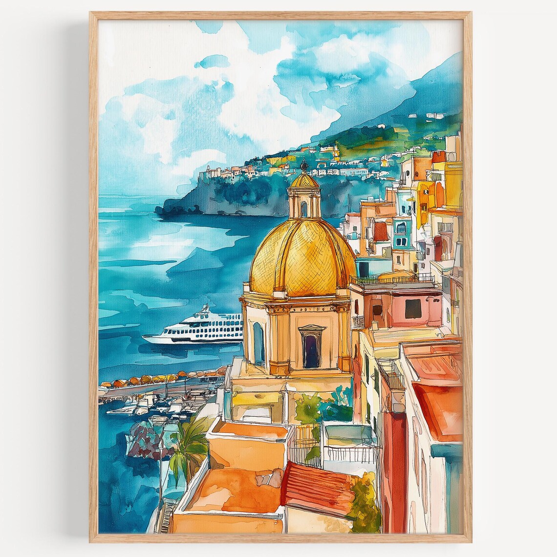 Naples Italy Coastal Town Golden Dome Watercolor Travel Poster