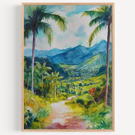 Tropical Palm Valley Winding Road Watercolor Landscape Poster